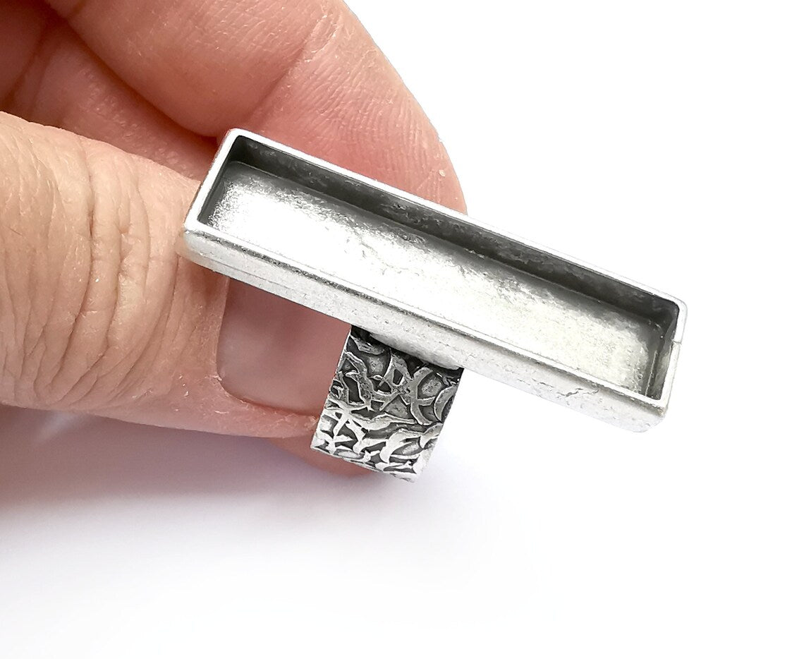 Rectangle Antique Silver Ring Blank Settings, Cabochon Mounting, Adjustable Resin Ring Base Bezel, Inlay Mosaic Ring Bezel (40x10mm) G33317