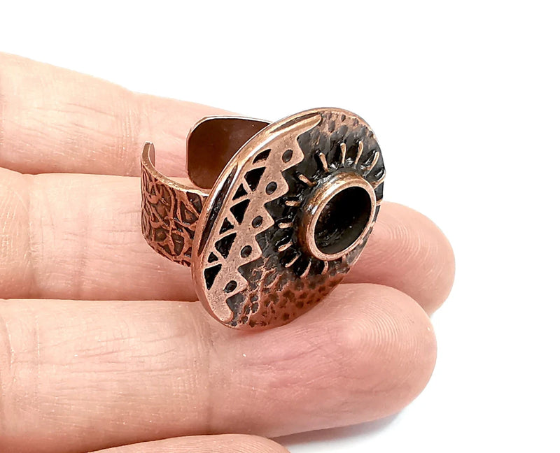 Sun Ethnic Ring Setting Blank Cabochon Mounting Adjustable Resin Base Bezel Mosaic, Antique Copper Plated Brass (8mm) G33319