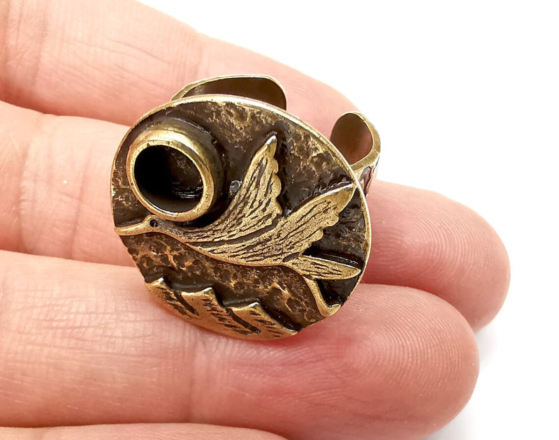 Bird Ring Setting Blank Cabochon Mounting Adjustable Resin Base Bezel Mosaic, Antique Bronze Plated Brass (6mm) G33370