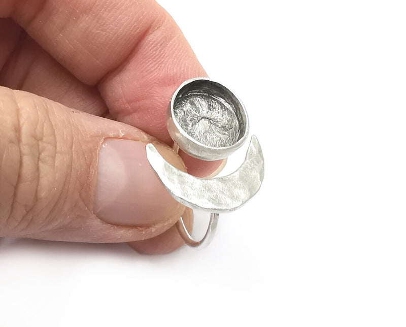 Crescent Moon Silver Ring Blank Base Bezel Settings Cabochon Base Mountings Adjustable , Antique Silver Plated Brass (12mm Blank) G33382