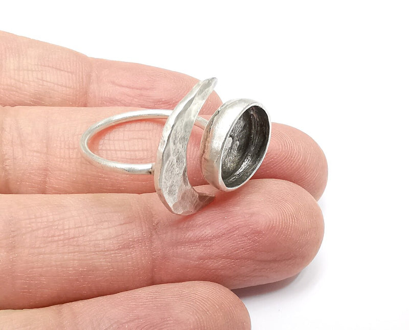 Crescent Moon Silver Ring Blank Base Bezel Settings Cabochon Base Mountings Adjustable , Antique Silver Plated Brass (12mm Blank) G33382