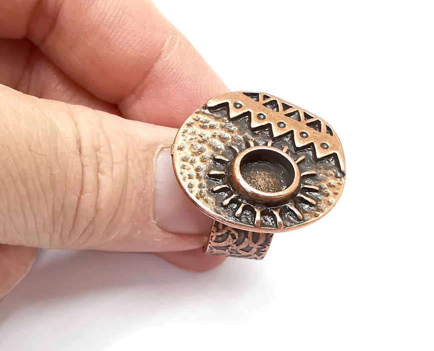 Sun Ethnic Ring Setting Blank Cabochon Mounting Adjustable Resin Base Bezel Mosaic, Antique Copper Plated Brass (8mm) G33319