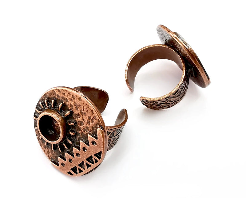 Sun Ethnic Ring Setting Blank Cabochon Mounting Adjustable Resin Base Bezel Mosaic, Antique Copper Plated Brass (8mm) G33319