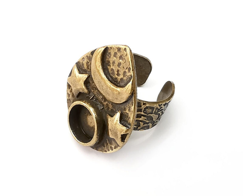 Drop Crescent Star Ring Setting Blank Cabochon Mounting Adjustable Resin Base Bezel Mosaic, Antique Bronze Plated Brass (10mm) G33366