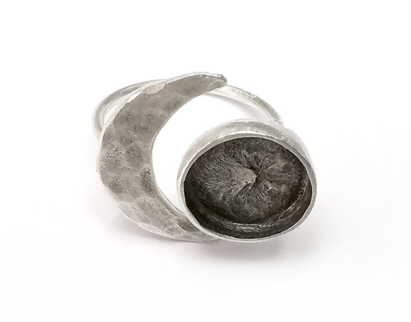 Crescent Moon Silver Ring Blank Base Bezel Settings Cabochon Base Mountings Adjustable , Antique Silver Plated Brass (12mm Blank) G33382