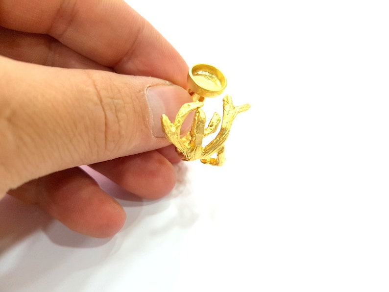 Gold Ring Blank Ring Settings Ring Bezel Base Cabochon Mountings Adjustable (10mm blank ) Gold Plated Brass G26026