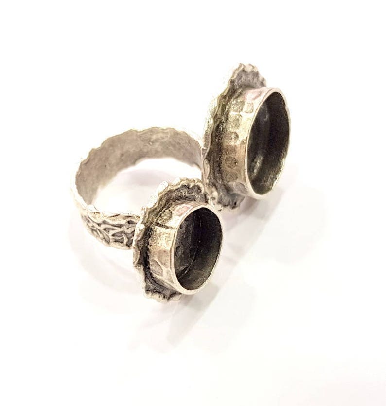 Silver Ring Setting Resin Ring Bezel Blank Cabochon Base Adjustable inlay Ring Mounting (14mm and 10mm) Antique Silver Plated Brass G25389