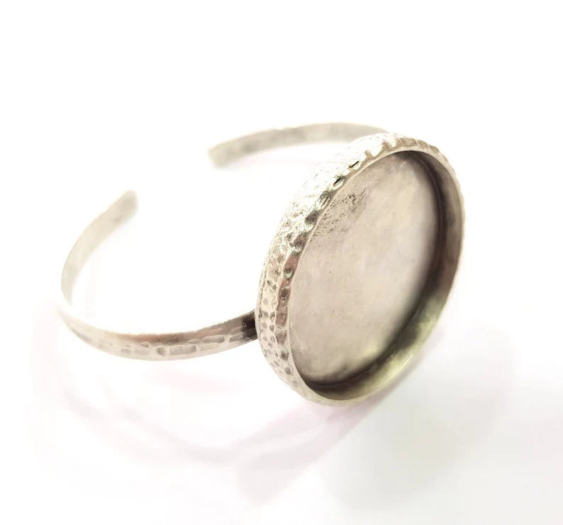Bracelet Blank Cuff Bezel Resin Cuff inlay Blank Glass Cabochon Base Bezel Hammered Adjustable Antique Silver Bracelet (35mm ) G16042