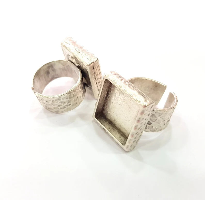 Ring Blank Setting Hammered Ring Base Bezel inlay Ring Backs Glass Cabochon Mounting Adjustable Antique Silver Plated Ring (16x16mm ) G28809