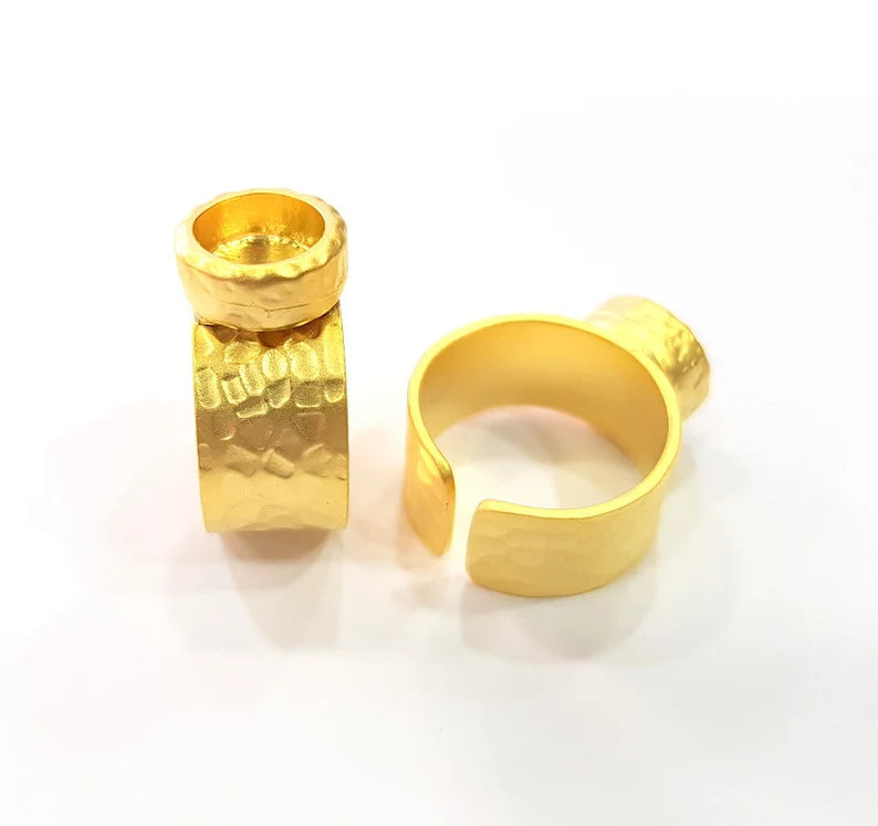 Gold Ring Blank Setting Cabochon Base inlay Ring Hammered Mounting Adjustable Ring Bezel (8mm blank ) Gold Plated Metal G26212