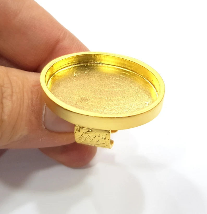 Gold Ring Base Blank Setting Cabochon Base inlay Ring Backs Mounting Adjustable Ring Base Bezel (30x22mm blank ) Gold Plated Metal G27997