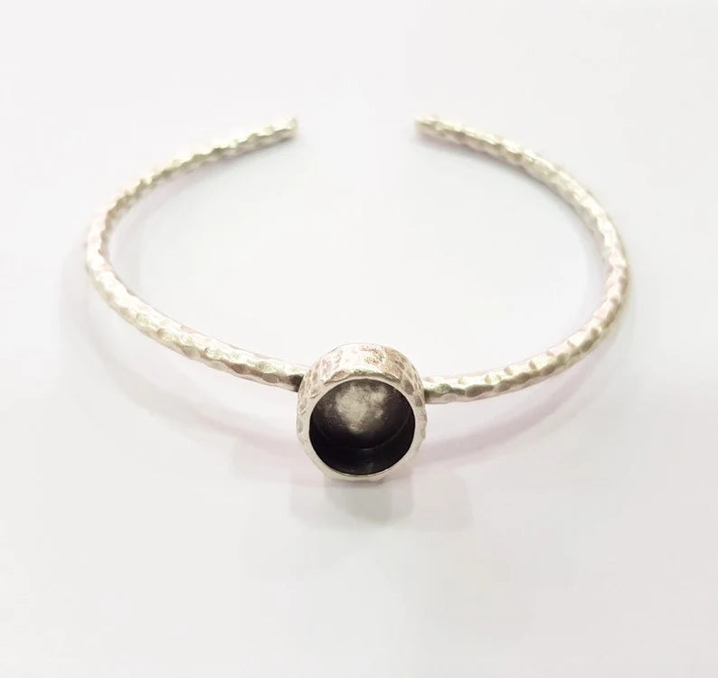 Bracelet Blank Cuff Bezel Resin Bezel inlay Blank Glass Cabochon Base Bezel Hammered Adjustable Antique Silver Bracelet (14x10mm ) G16010