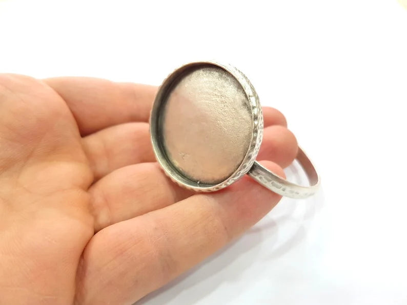 Bracelet Blank Cuff Bezel Resin Cuff inlay Blank Glass Cabochon Base Bezel Hammered Adjustable Antique Silver Bracelet (35mm ) G16042
