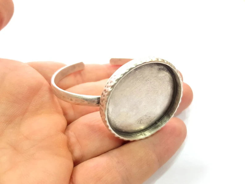 Bracelet Blank Cuff Bezel Resin Cuff inlay Blank Glass Cabochon Base Bezel Hammered Adjustable Antique Silver Bracelet (35mm ) G16042