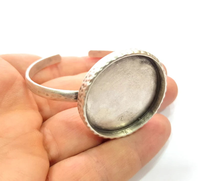 Bracelet Blank Cuff Bezel Resin Cuff inlay Blank Glass Cabochon Base Bezel Hammered Adjustable Antique Silver Bracelet (35mm ) G16042