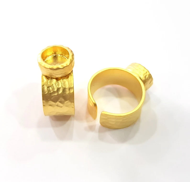 Gold Ring Blank Setting Cabochon Base inlay Ring Hammered Mounting Adjustable Ring Bezel (8mm blank ) Gold Plated Metal G26212