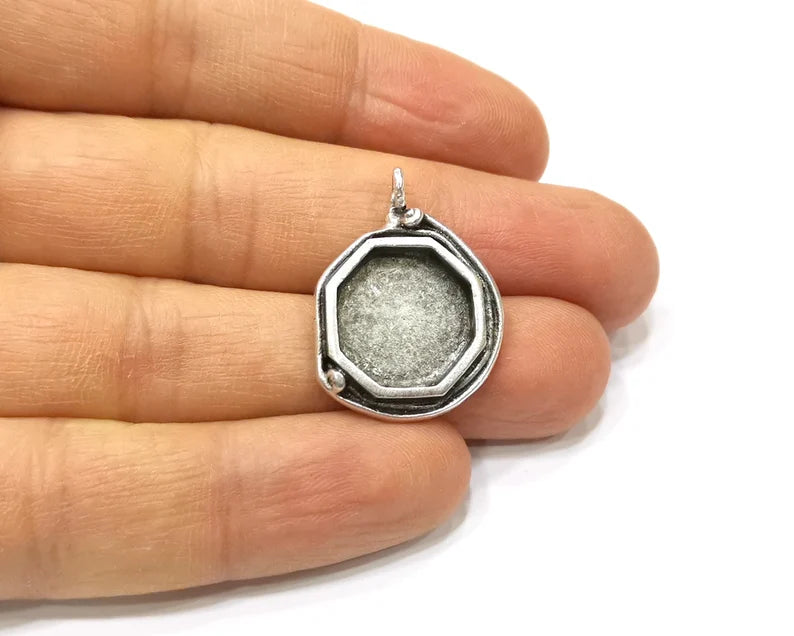 Silver Pendant Blank Mosaic Base Blank inlay Blank Necklace Blank Resin Blank Antique Silver Plated Brass ( 15x15mm Octagonal blank) G16470