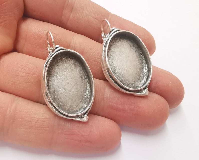 Earring Blank Base Settings Silver Resin Blank Cabochon Base inlay Blank Mountings Antique Silver Plated Brass (25x18mm blank) 1pair G20379