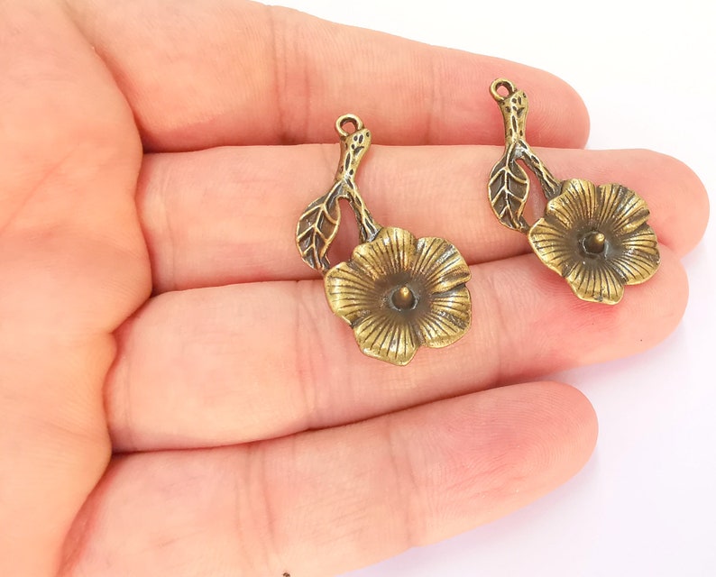 2 Flower Charms Antique Bronze Plated Charms (37x18mm) G25789