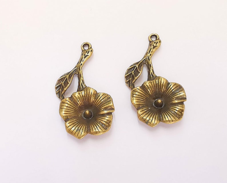2 Flower Charms Antique Bronze Plated Charms (37x18mm) G25789