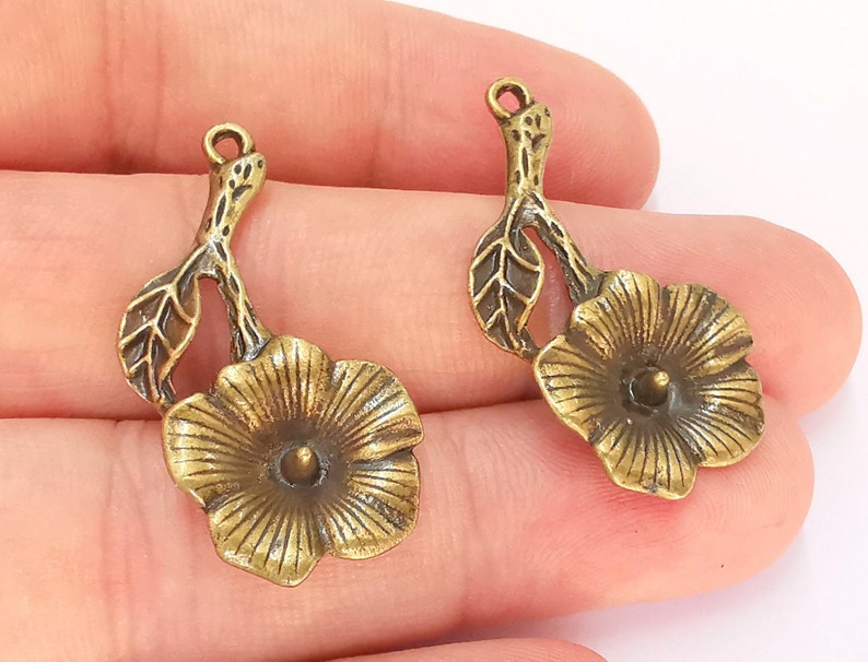 2 Flower Charms Antique Bronze Plated Charms (37x18mm) G25789