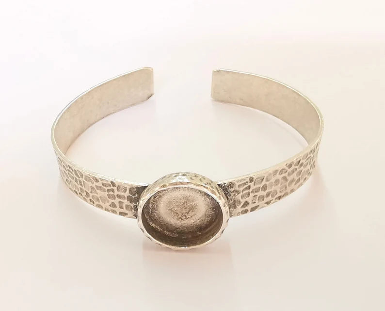 Bracelet Blank Resin Dry Flower inlay Blank Cuff Bezel Glass Cabochon Base Hammered Adjustable Antique Silver (16mm Blank ) G27771