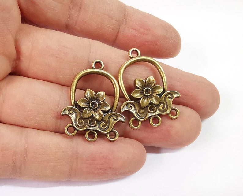 2 Flower charms connector Antique bronze plated charms (30x23mm) G24144