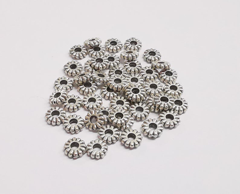 20 Flower round ribbed beads Antique silver plated beads (6mm) G24241