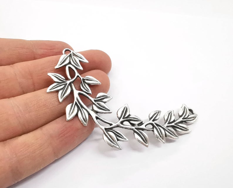 Leaves branch pendant connector Antique silver plated pendant (84mm) G24335