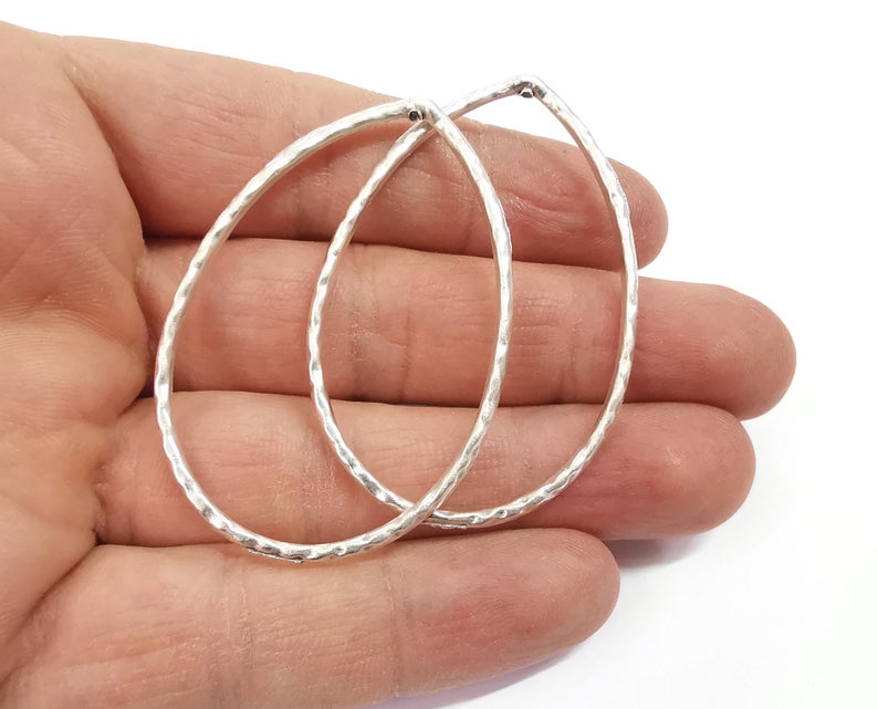 4 Hammered drop findings with top hole Antique silver plated findings (57x39mm) G24340