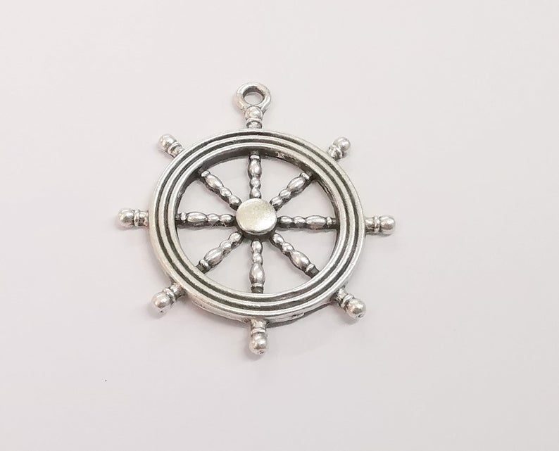 2 Ship steering wheel charms pendant Antique silver plated charm (45x40mm) G24343