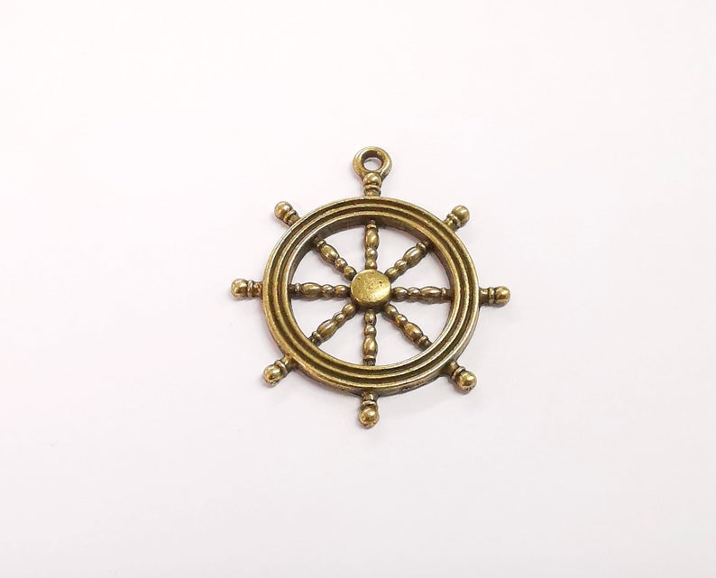 2 Ship wheel charms Antique bronze plated charm (45x37mm) G24351
