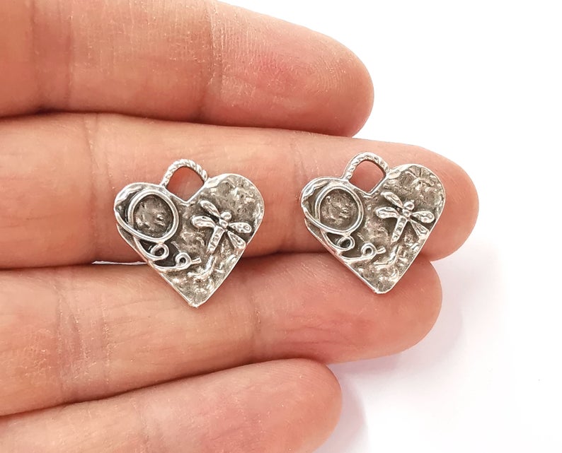 5 Heart dragonfly charm Antique silver plated charms (19x19mm) G24356