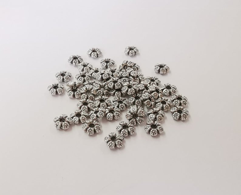 20 Daisy rondelle beads Antique silver plated beads (7x2mm) G24250