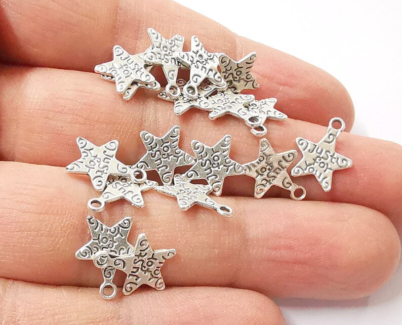 10 Star Charm Antique Silver Plated Charm (13x10mm) G24307