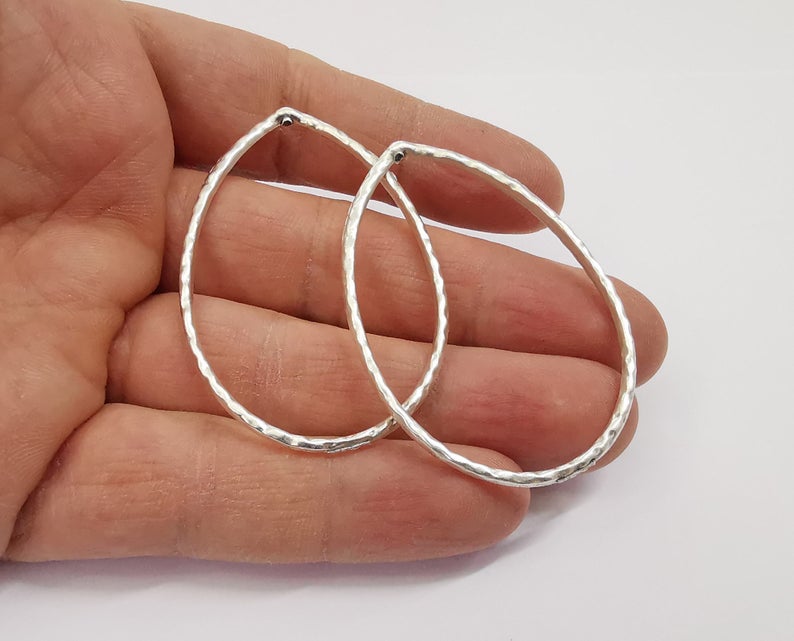 4 Hammered drop findings with top hole Antique silver plated findings (57x39mm) G24340