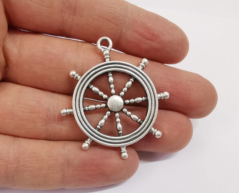 2 Ship steering wheel charms pendant Antique silver plated charm (45x40mm) G24343