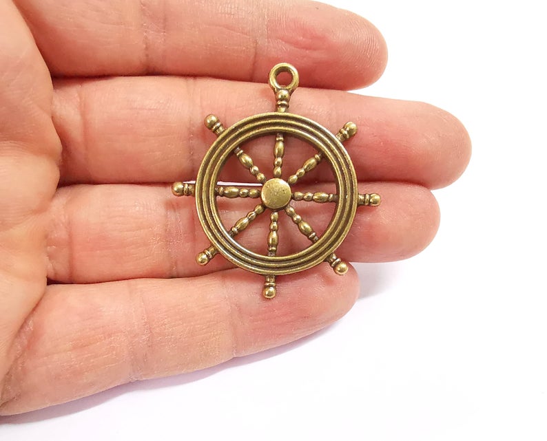 2 Ship wheel charms Antique bronze plated charm (45x37mm) G24351