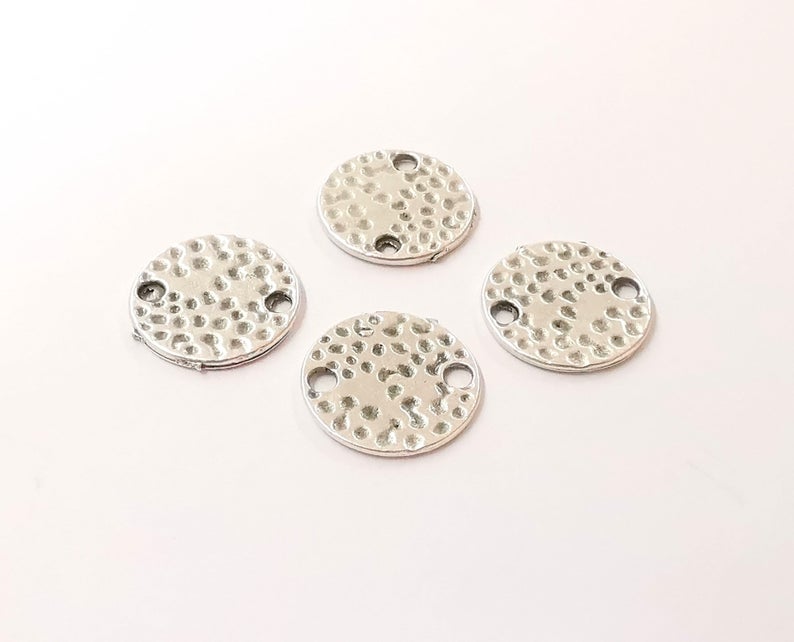 5 Hammered circle charms connector Antique silver plated connector (18 mm) G24360