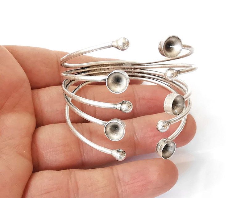 Silver bracelet brass cuff blank bezel Glass cabochon base Adjustable antique silver plated brass (8mm Blanks ) G24597