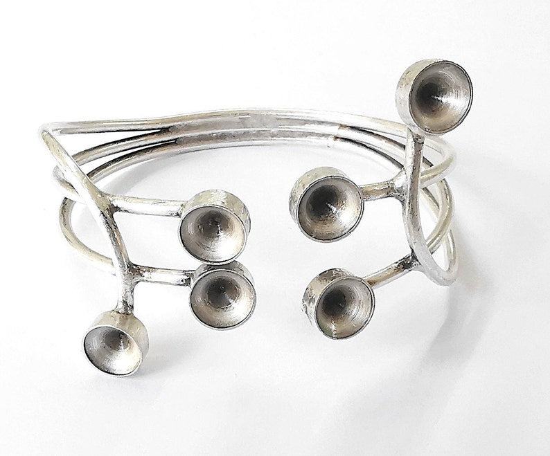 Silver bracelet brass cuff blank bezel Glass cabochon base Adjustable antique silver plated brass (8mm Blanks ) G19422