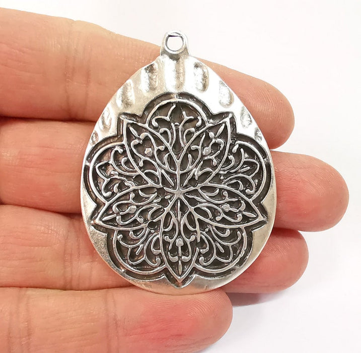 Flower Boho Pendant Ethnic Tribal Pendant Rustic Pendant Antique Silver Plated Charms (56x42mm) G24623