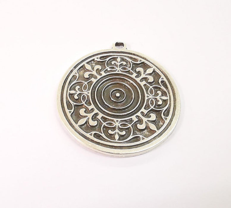 Medallion Boho Pendant Ethnic Tribal Pendant Antique Silver Plated Charms (54mm) G24624