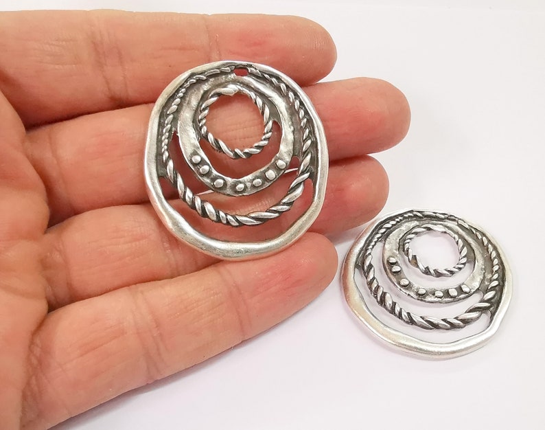 2 Circle Textured Charms Antique Silver Plated Charms (41x38mm) G24628