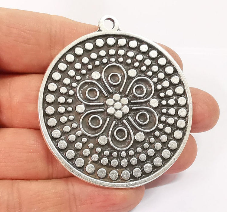 Medallion Boho Pendant Ethnic Tribal Pendant Antique Silver Plated Charms (54mm) G24637