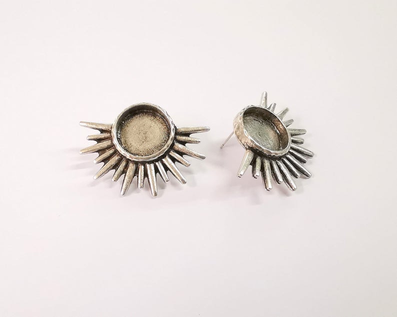 Sun Earring Blank Backs Antique Silver Resin Base inlay Blank Cabochon Mountings Antique Silver Plated (16mm blank) 1 pair G24648