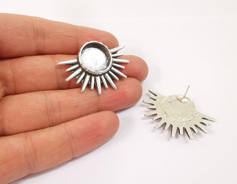 Sun Earring Blank Backs Antique Silver Resin Base inlay Blank Cabochon Mountings Antique Silver Plated (16mm blank) 1 pair G24648