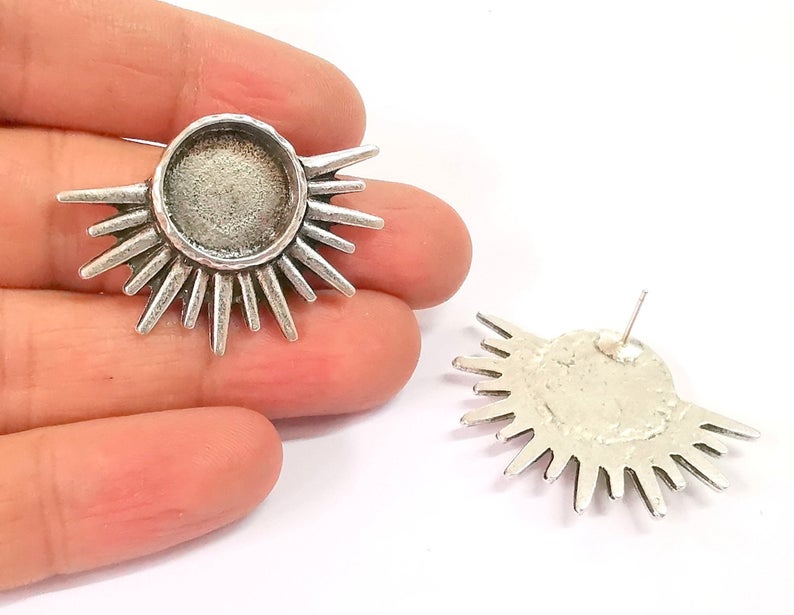 Sun Earring Blank Backs Antique Silver Resin Base inlay Blank Cabochon Mountings Antique Silver Plated (16mm blank) 1 pair G24648