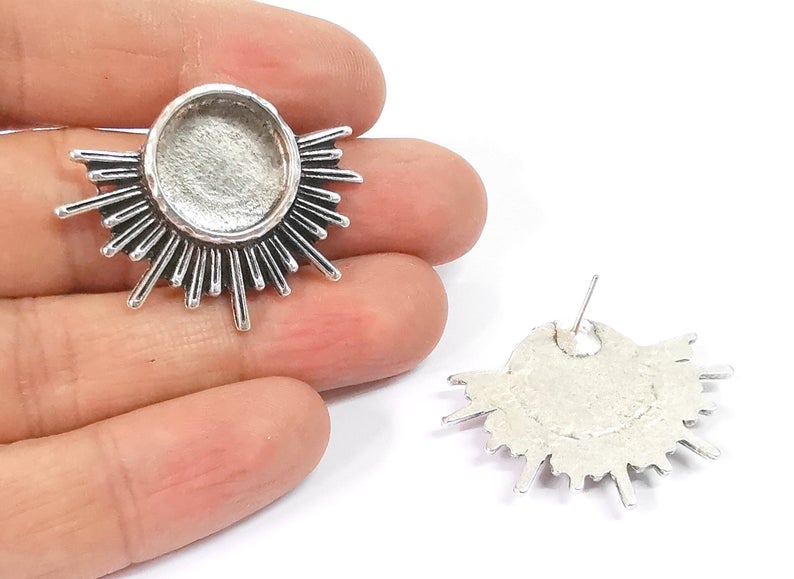 Sun Earring Blank Backs Antique Silver Resin Base inlay Blank Cabochon Mountings Antique Silver Plated (16mm blank) 1 pair G24655