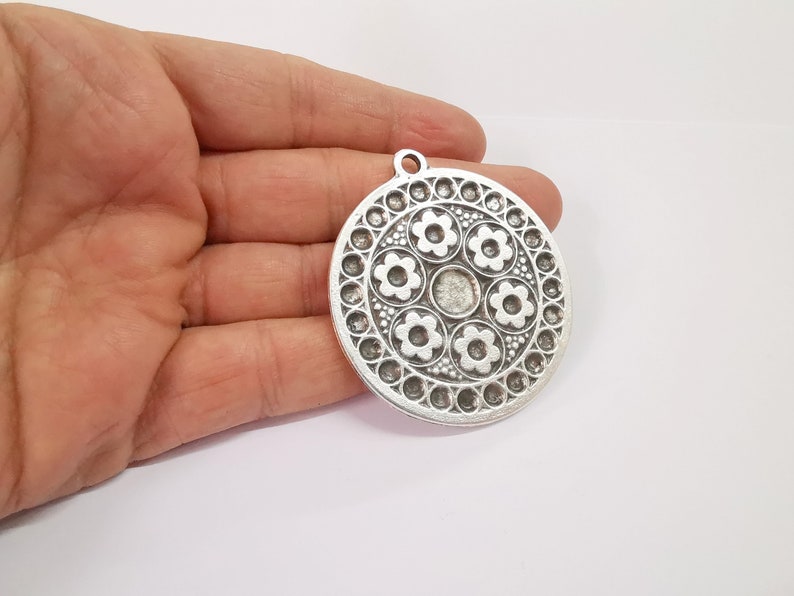 Flower Medallion Pendant Ethnic Tribal Pendant Rustic Pendant Antique Silver Plated Charms (54mm) G24657